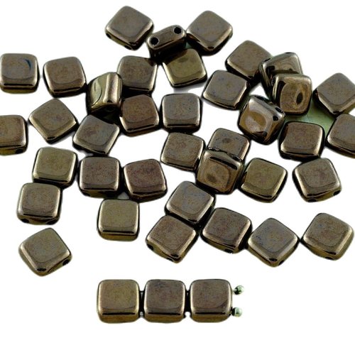 40pcs métallique jet de bronze la tuile verre tchèque perles deux trous plat carré 6mm x sku-28533