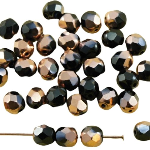 40pcs noir métallique capri d'or de cuivre demi-verre tchèque ronde à facettes feu poli perles 6mm sku-31633