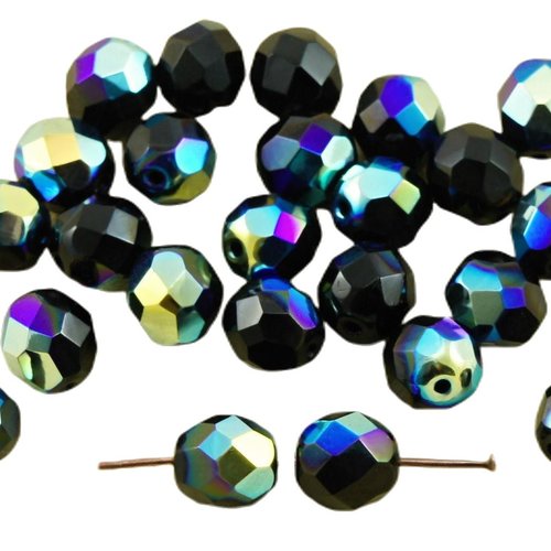 20pcs noir métallique ab demi-verre tchèque ronde à facettes feu poli perles de 8mm sku-31677
