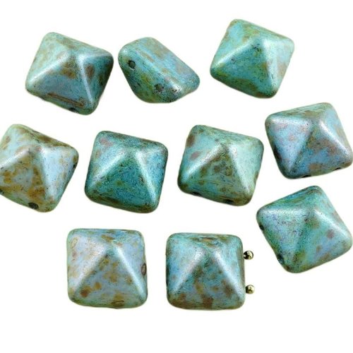 8pcs picasso bleu vert marron pyramide goujon 2 deux trou de verre tchèque perles 12mm x 12mm sku-30242