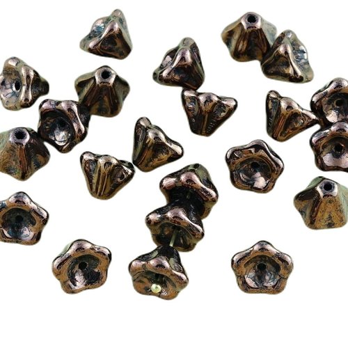 20pcs métallique brillant bronze brun lustre verre tchèque bell fleur de perles bouchons 6mm x 8mm sku-28666