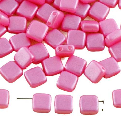 40pcs perles briller la lumière valentine rose carreau de verre tchèque 2 trous plat carré 6mm x sku-31067