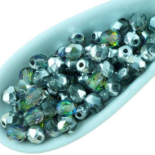 100pcs cristal dichroïque vitrail vert metallic silver demi-rond à facettes feu poli petite entretoi sku-33176