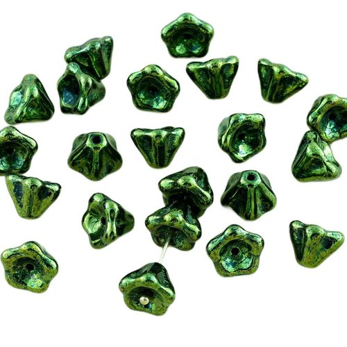 20pcs vert métallique lustre verre tchèque bell fleur de perles bouchons 6mm x 8mm sku-28667