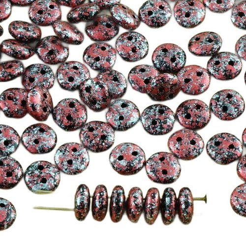 40pcs opaque jet de granit noir rouge argent tweedy patine lentilles perles rondes en plat verre tch sku-31090