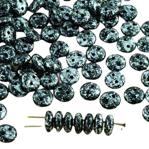 40pcs opaque jet de granit noir argent tweedy patine lentilles perles rondes en plat verre tchèque 2 sku-31091