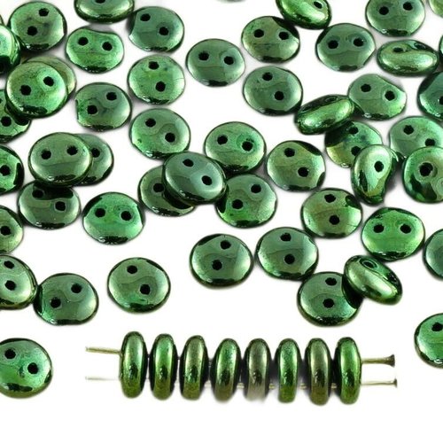 40pcs vert métallique éclat de lentilles perles rondes en plat verre tchèque 2 deux trou d'entretois sku-31094