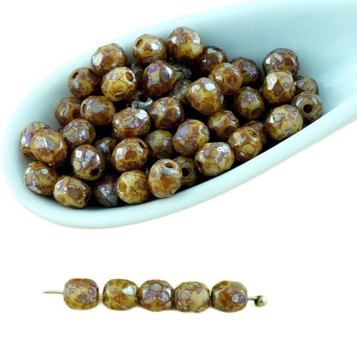 100pcs ivoire opaque brun argent picasso ronde verre tchèque perles à facettes feu poli petite entre sku-28689