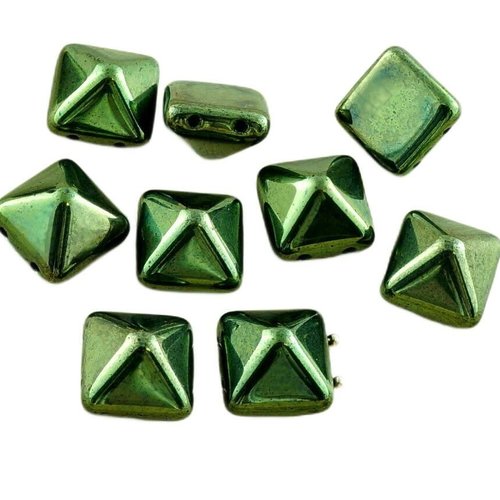 8pcs vert métallique lustre pyramide goujon 2 deux trou de verre tchèque perles 12mm x 12mm sku-30249