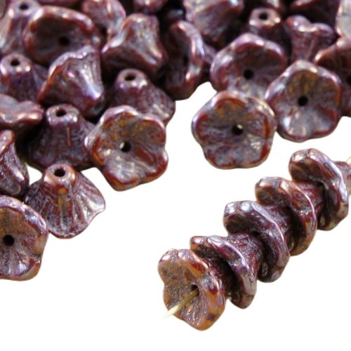 40pcs opaque brun chocolat nébuleuse violet petite cloche fleur de bouchons verre tchèque perles 5mm sku-32355
