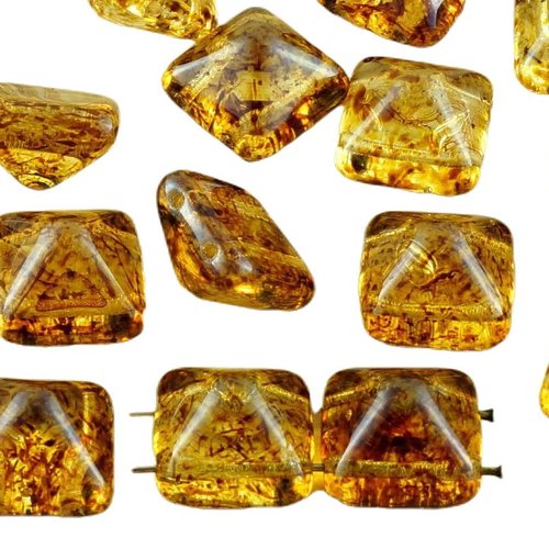 8pcs picasso crystal brown carré jaune pyramide goujon 2 deux trou de verre tchèque perles 12mm x 12 sku-31367