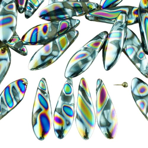 30pcs cristal de paon dichroïque vitrail bordée poignard plat feuilles verre tchèque perles 5mm x 16 sku-34453