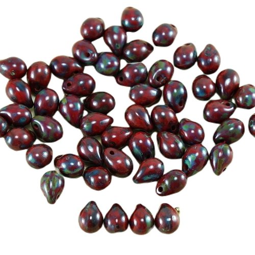 40pcs picasso opaque rouge corail verre tchèque petite larme perles de 7mm x 5mm sku-27060