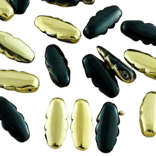 24pcs opaque jet black metallic gold demi-verre tchèque dentelé poignard sculpté de perles feuille p sku-31357