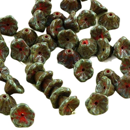 40pcs picasso brun rouge corail verre tchèque petite cloche de fleur perle bouchons 7mm x 5mm sku-31393