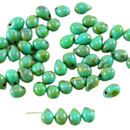 40pcs picasso turquoise vert verre tchèque petite larme perles de 7mm x 5mm sku-27063