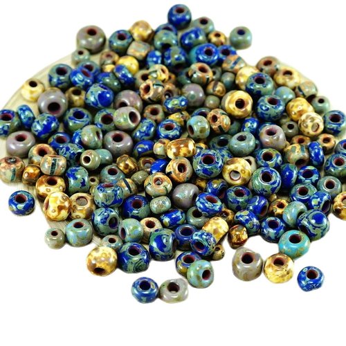 Anissa picasso exclusive mix tchèque perles de rocaille en verre rustique bleu multicolore rayé rugu sku-26721