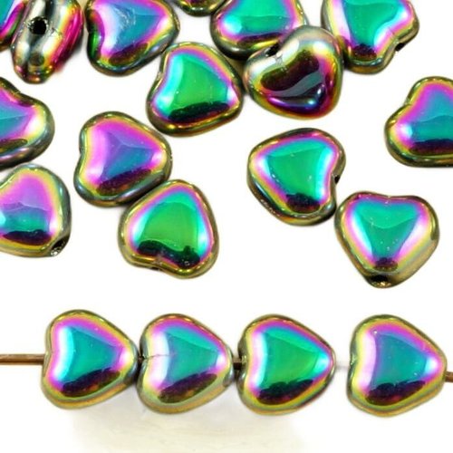 40pcs petite métallique dichroïque vitrail bleu pourpre vert verre tchèque cœur de perles mariage sa sku-37220