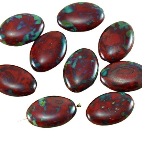 4pcs grand picasso opaque rouge corail tchèque verre plat ovale perles de 20mm x 14mm sku-27056