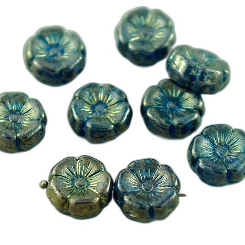 10pcs rustique picasso bleu bronze verre tchèque plat sculpté fleur hawaïenne perles de pièce monnai sku-28767