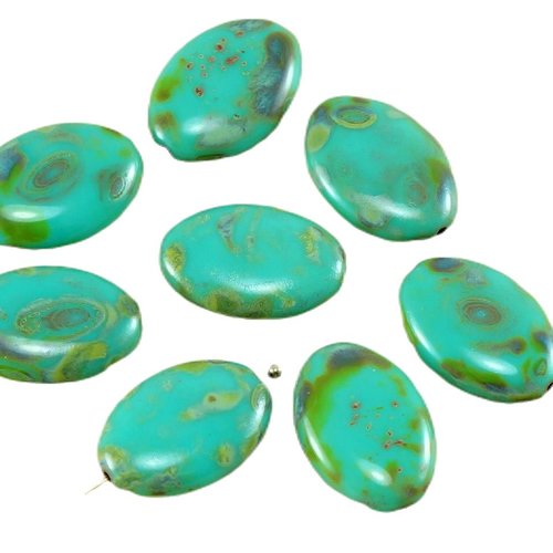 4pcs grand picasso turquoise vert tchèque verre plat ovale perles de 20mm x 14mm sku-27055