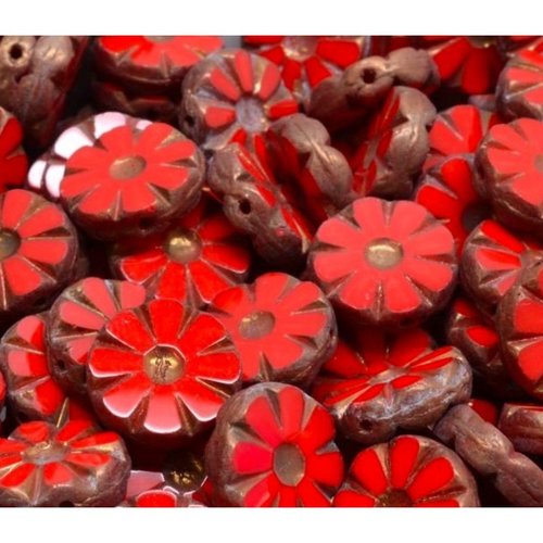 8pcs patine de bronze fleur table rouge coupée perles fleur pièce plate verre tchèques 12mm sku-941974