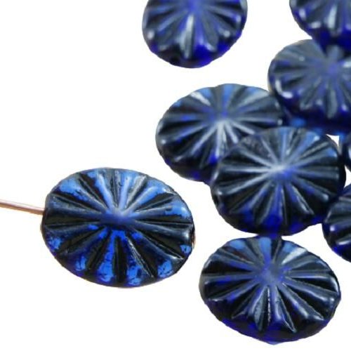 12pcs cristal de saphir bleu noir lavage à plat fleur sculpté forme ovale verre tchèque perles 12mm  sku-32130