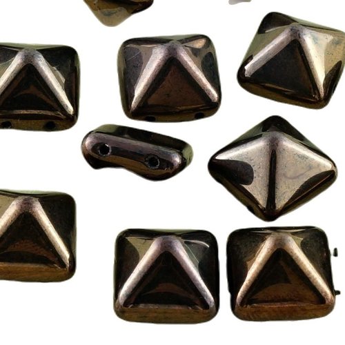 8pcs métallique brillant bronze brun lustre carré pyramide goujon 2 deux trou de verre tchèque perle sku-31372