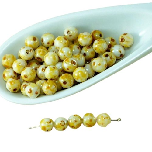 100pcs picasso blanc brun rustique ronde œufs d'oiseaux verre tchèque perles d'entretoise de 4mm sku-26949