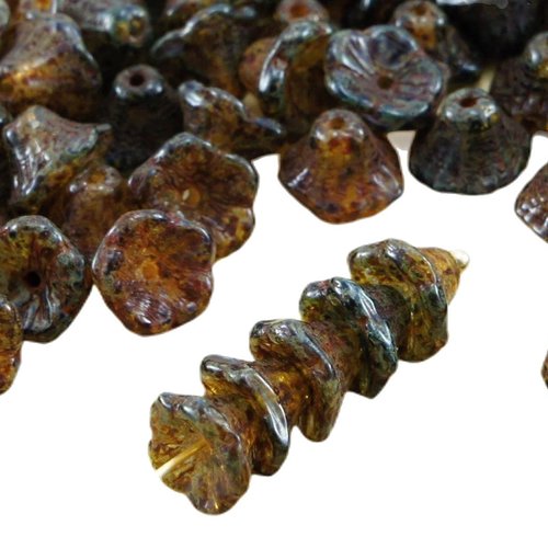40pcs picasso brun cristal jaune tacheté de mélanger petits bell fleur bouchons verre tchèque perles sku-32335