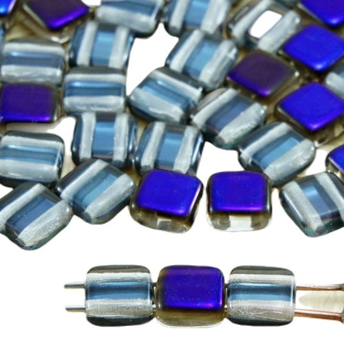 40pcs cristal clair bleu azur métallisé demi-tuile plate carrée 2 deux trou de verre tchèque perles  sku-33821