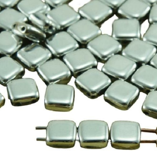 40pcs metallic silver-labrador plein de tuiles plates carré 2 deux trou verre tchèque perles 6mm sku-33838