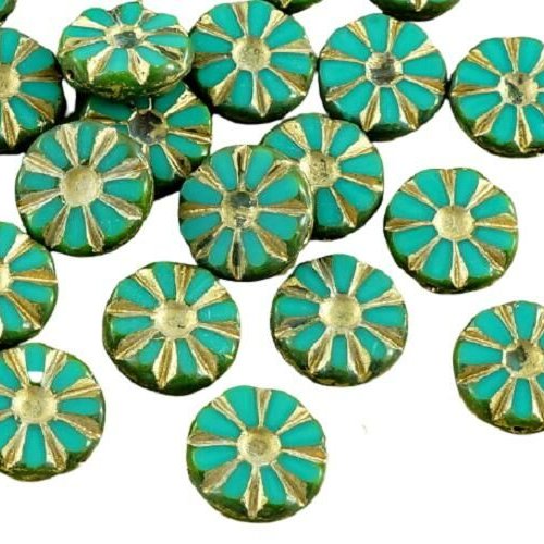8pcs picasso turquoise vert or de lavage tableau fleurs coupées plat pièce verre tchèque perles 12mm sku-30802