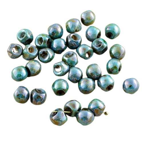 30pcs picasso marron bleu lustre champignon bouton de verre tchèque perles 6mm x 5mm sku-30328