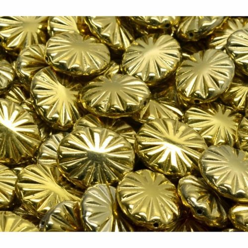 12pcs opaque gold flowers ovals sculptés boules de verre tchèque 12mm x 14mm sku-942106