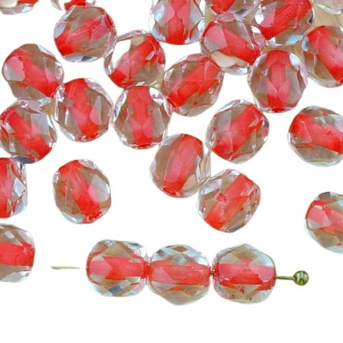 40pcs cristal corail rouge bordée ronde à facettes feu poli entretoise de verre tchèque perles 6mm sku-33240