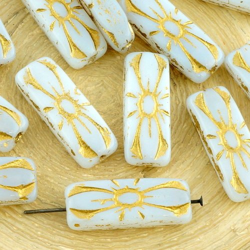 6pcs opaque blanc albâtre or patine de lavage à plat sculpté long rectangle fleur floral bow tie ara sku-35375