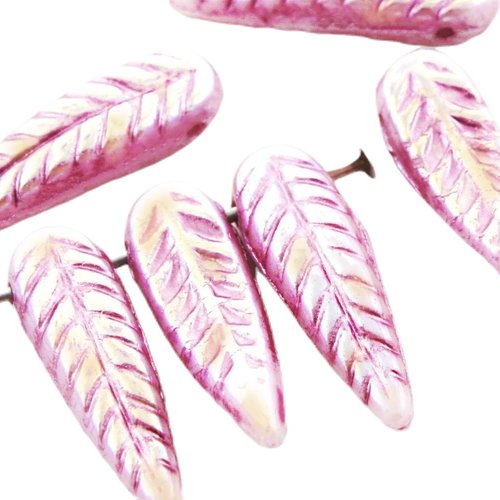 14pcs opal ab lustre rose laver sculpté de feuilles la fleur plume d'aile d'oiseau tchèque perles ve sku-38610