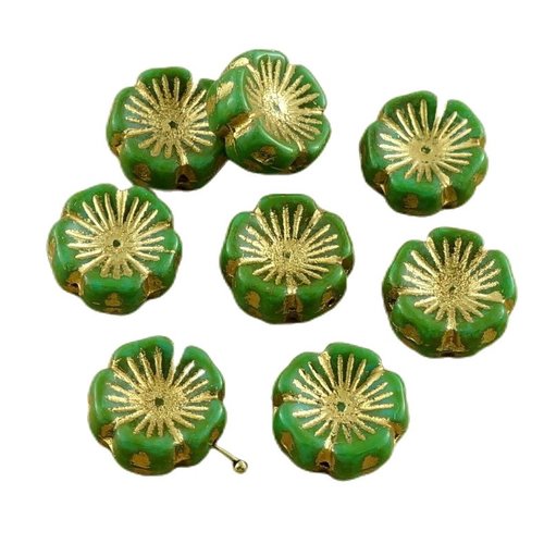4pcs picasso vert de la lumière en bronze doré laver le verre tchèque plat perles fleur 14mm x 14mm sku-30435