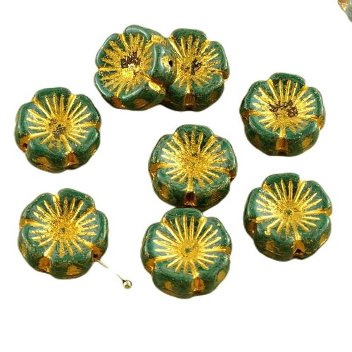 4pcs picasso vert bronze or se laver le verre tchèque plat perles fleur 14mm x 14mm sku-30436