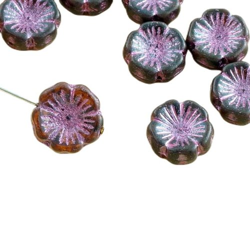 4pcs picasso opale brun métallique valentine rose laver le verre tchèque plat perles fleur 14mm x 14 sku-30438