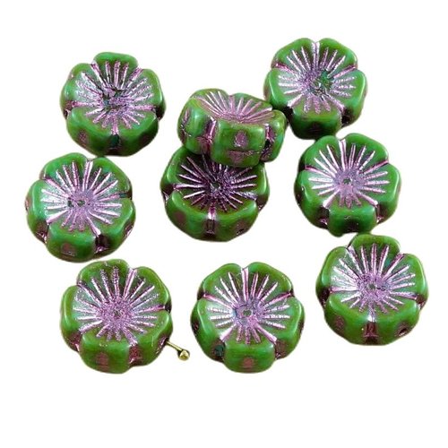 4pcs picasso turquoise vert métallique valentine rose laver le verre tchèque plat perles fleur 14mm  sku-30439