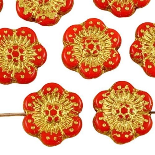 10pcs opaque rouge corail or patine de lavage à plat monnaie rond anémone fleur soleil focal pendent sku-35815