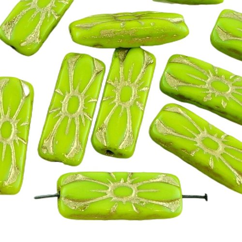 6pcs opaque olive olivine or vert patine de lavage à plat sculpté long rectangle fleur floral bow ti sku-35371