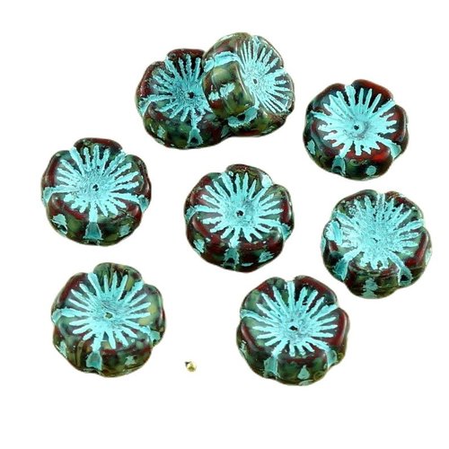 4pcs picasso corail rouge turquoise laver le verre tchèque plat perles fleur 14mm x 14mm sku-30433