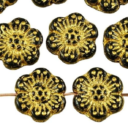 10pcs opaque noir de jais or patine lavage à plat monnaie rond anémone fleur soleil focal pendentif  sku-35814