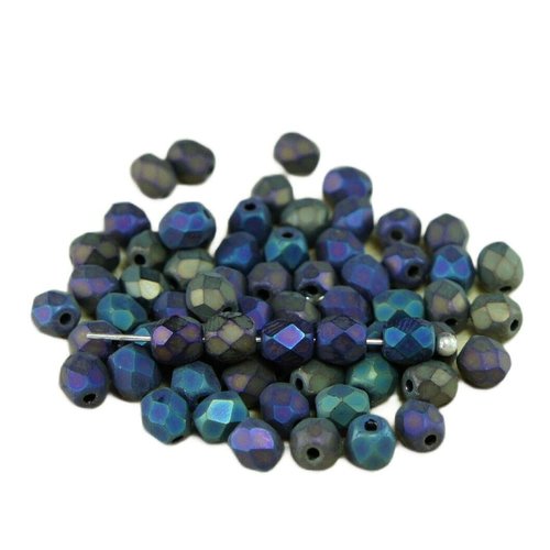 Mat iris violet bleu tchèque en verre à facettes perles rondes d'incendie poli bohème 4mm 100pcs sku-26485