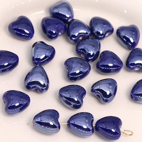 6pcs métallique bleu foncé glacé bijoux porcelaine cœurs beads spacer stoving varnish 15mm sku-986437
