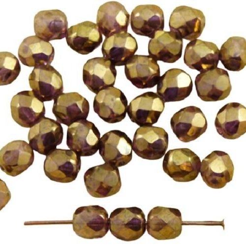 40pcs metallic pourpre d'or lustre verre tchèque ronde à facettes feu poli perles de 6mm sku-31619