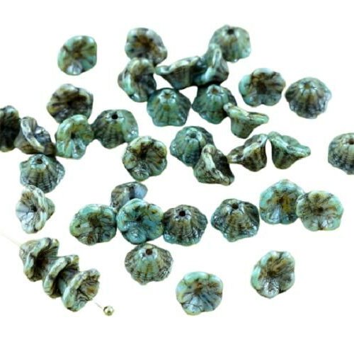 40pcs picasso marron bleu lustre verre tchèque bell fleur de perle bouchons 7mm x 5mm sku-28896